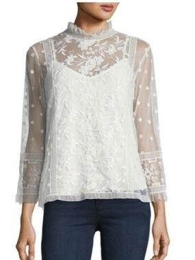 Joie White Sheer Embroidered Lace Mock-Neck Blouse